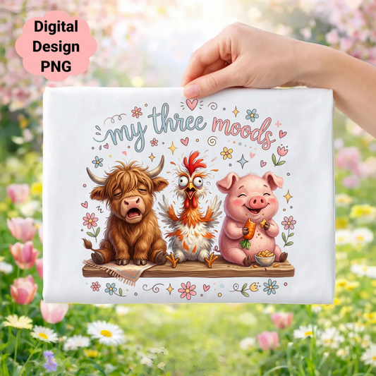 Three cartoon farm animals: cow, chicken, and pig, with "my three moods" text.