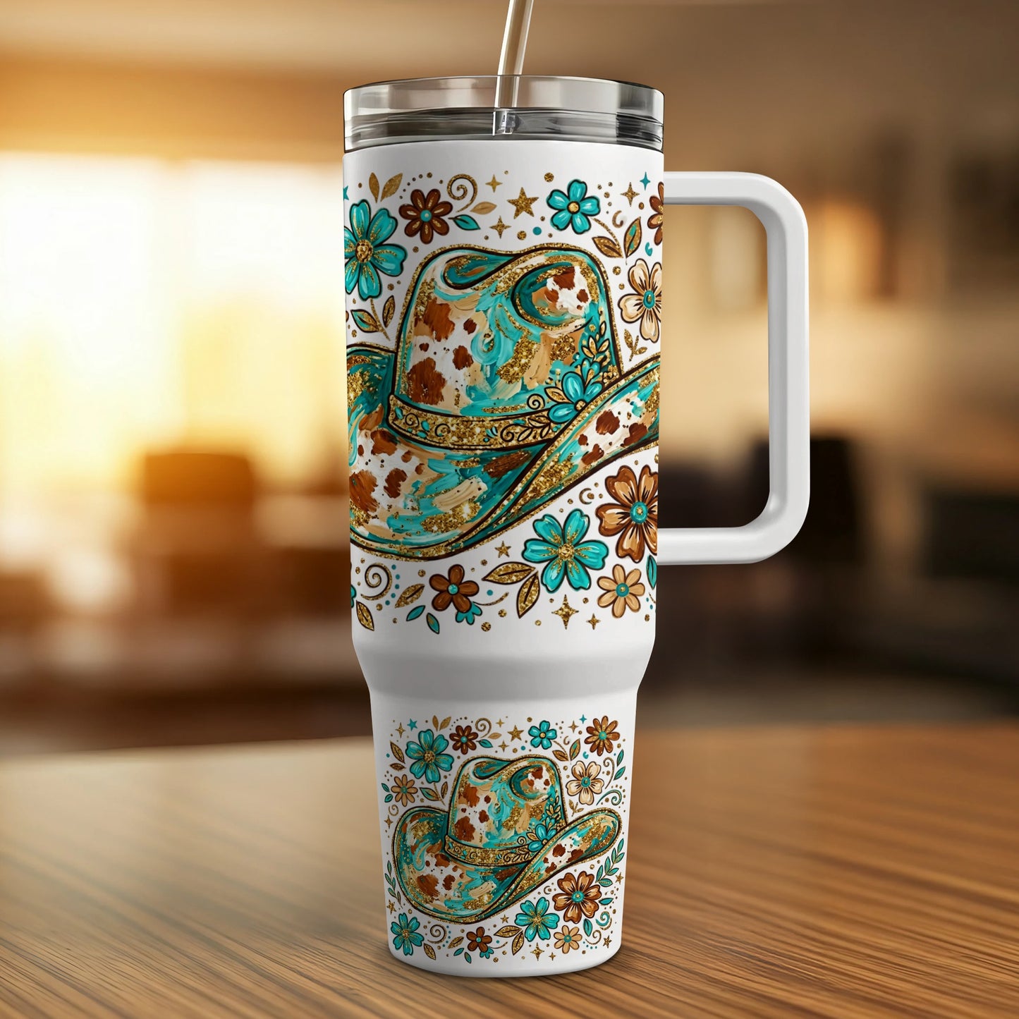 White tumbler with cowboy hat and floral pattern.