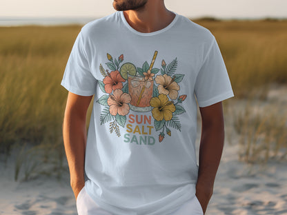 White t-shirt with colorful floral design and "SUN SALT SAND" text.