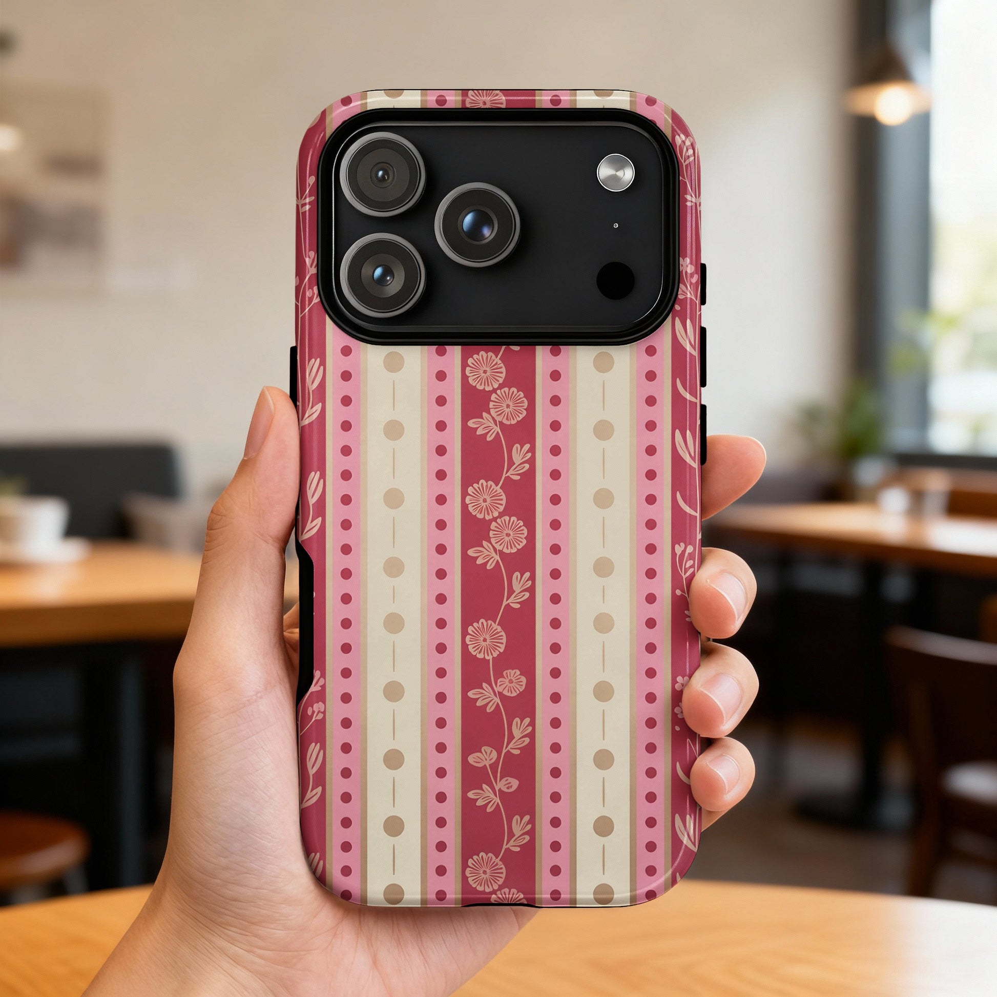 iPhone 14 Pro case with a pink and cream floral stripe pattern held in a hand.