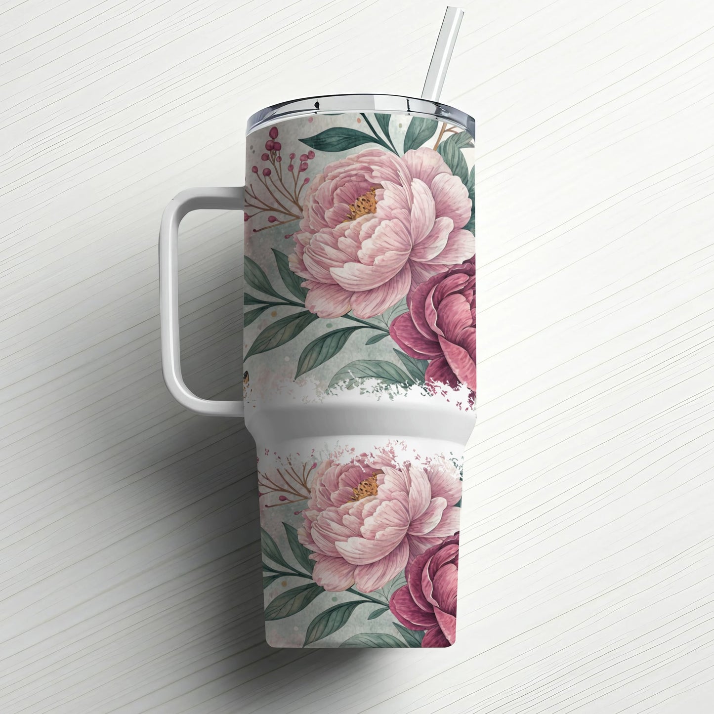 Large tumbler with pink peonies and green leaves pattern.