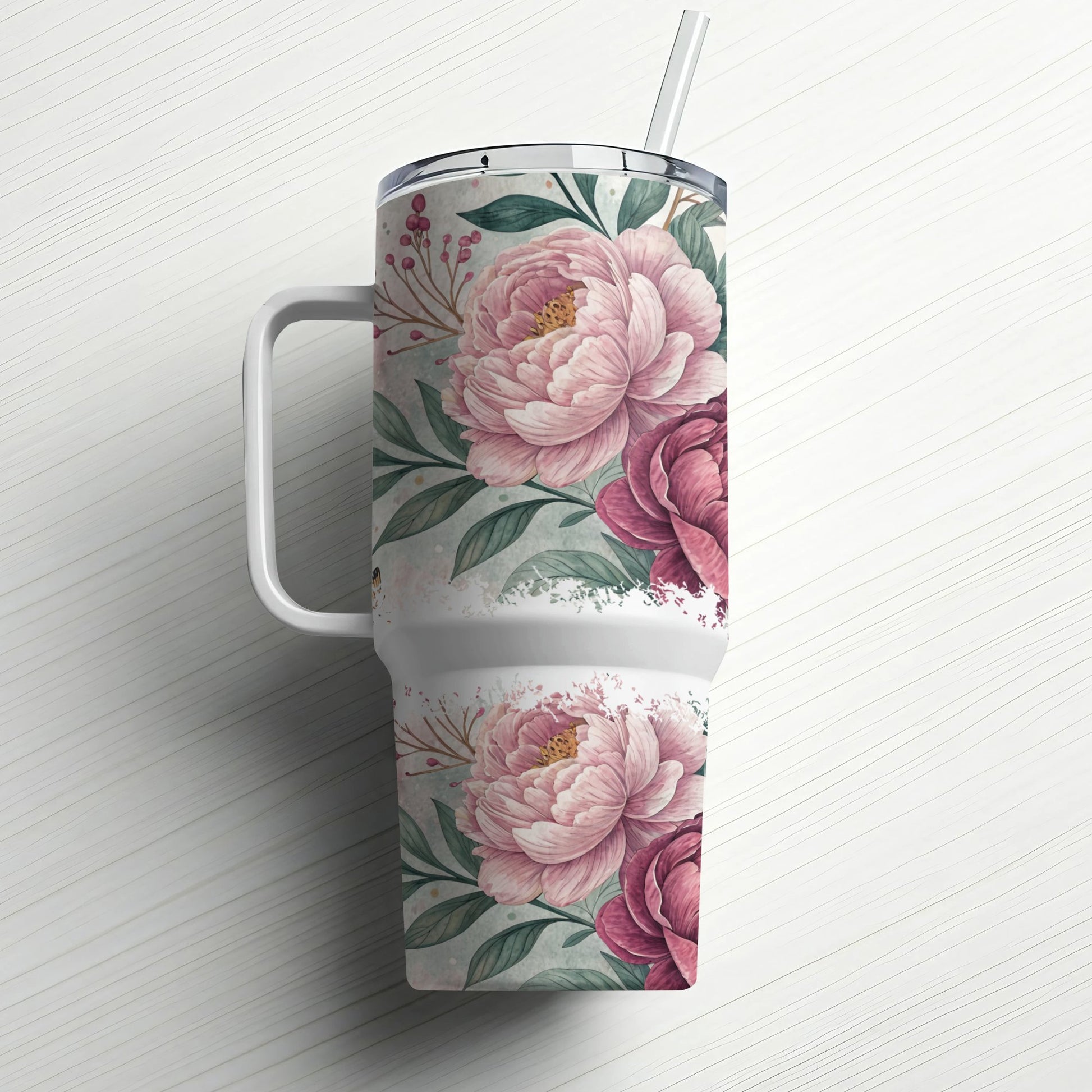 Large tumbler with pink peonies and green leaves pattern.