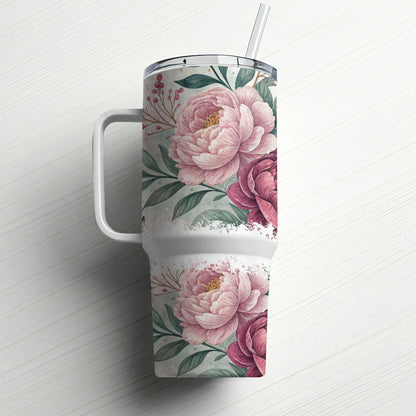 Large tumbler with pink peonies and green leaves pattern.