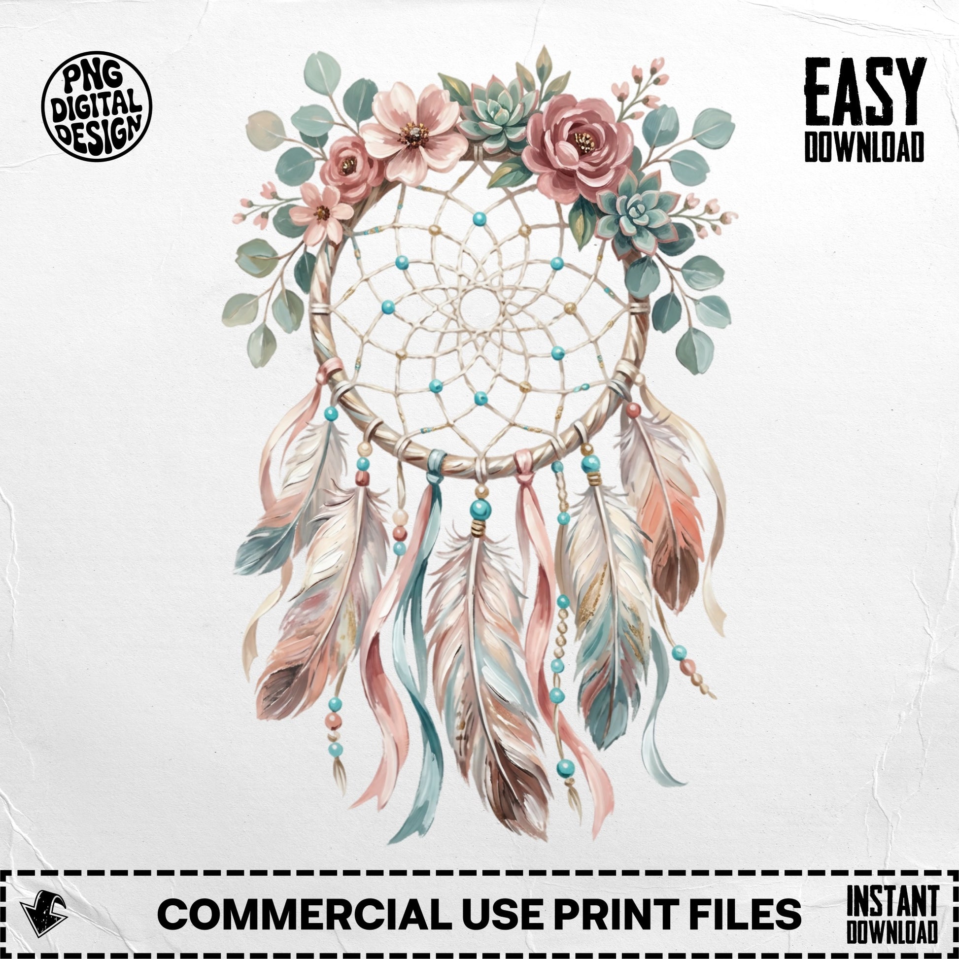 Bohemian dreamcatcher with flowers and feathers, "PNG DIGITAL DESIGN" and "EASY DOWNLOAD" text.