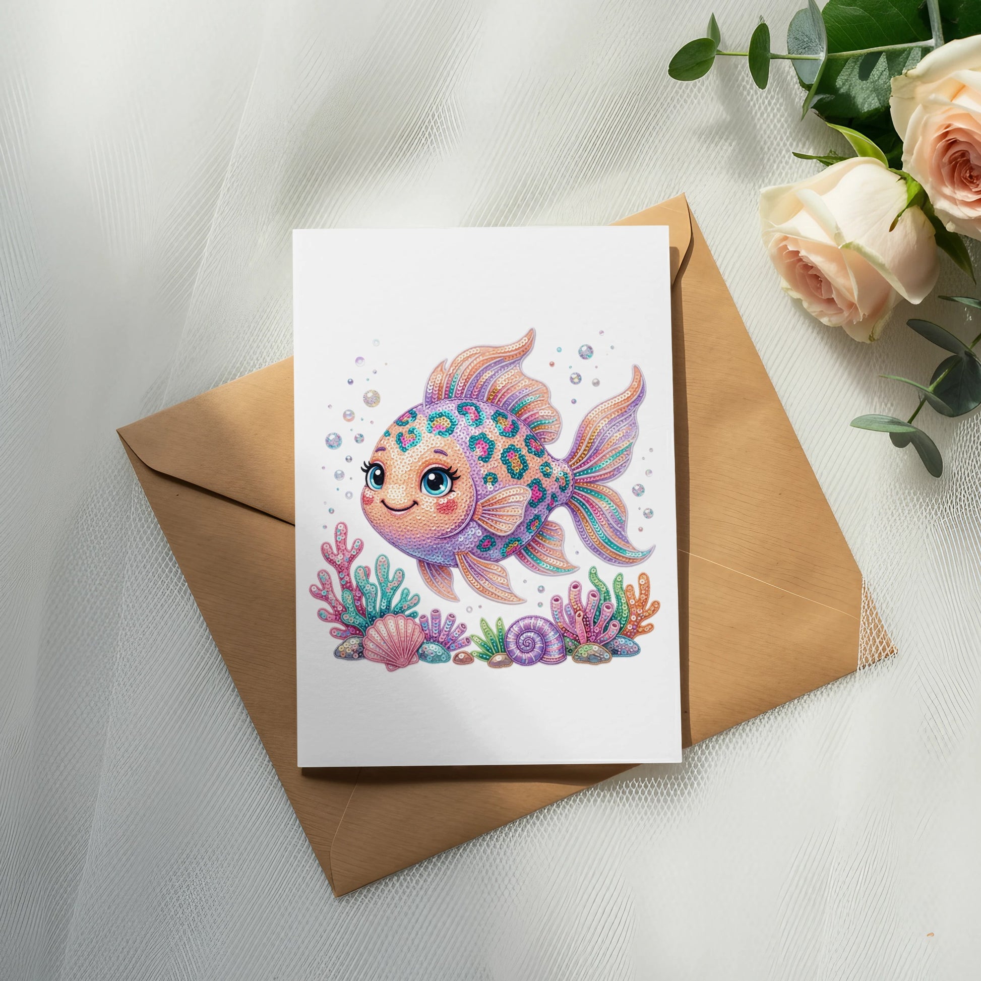 Whimsical cartoon goldfish with colorful scales and bubbles on a card.