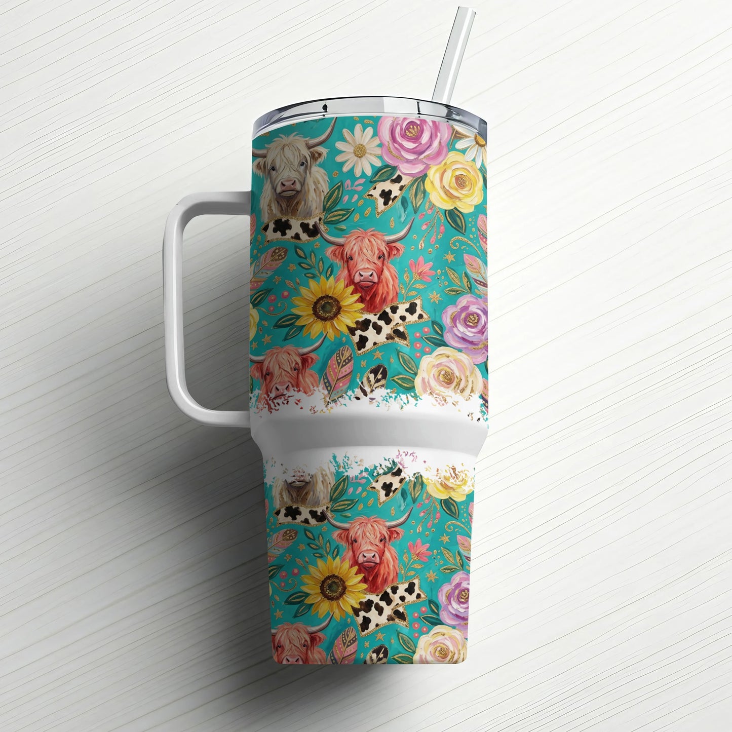 Tumbler with highland cows, sunflowers, and roses on a turquoise floral background.
