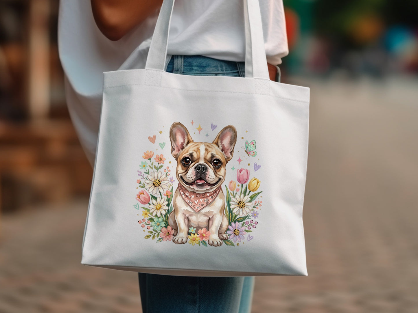 White tote bag featuring a French bulldog surrounded by flowers and butterflies.