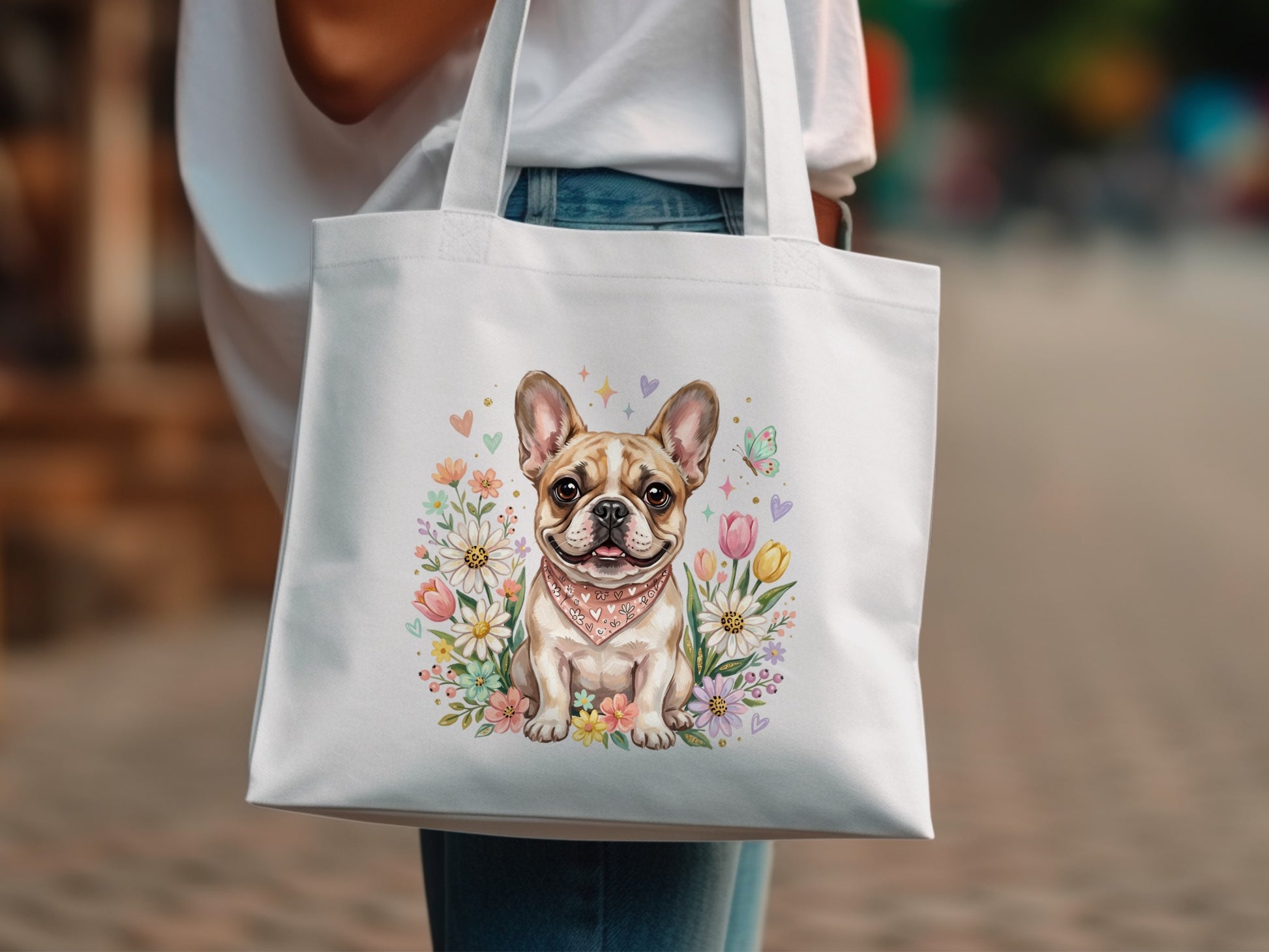 White tote bag featuring a French bulldog surrounded by flowers and butterflies.