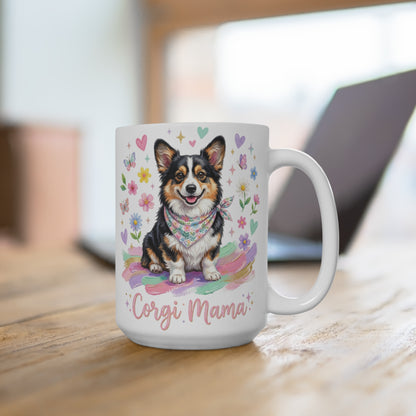 White mug with a smiling corgi wearing a bandana and surrounded by colorful flowers.