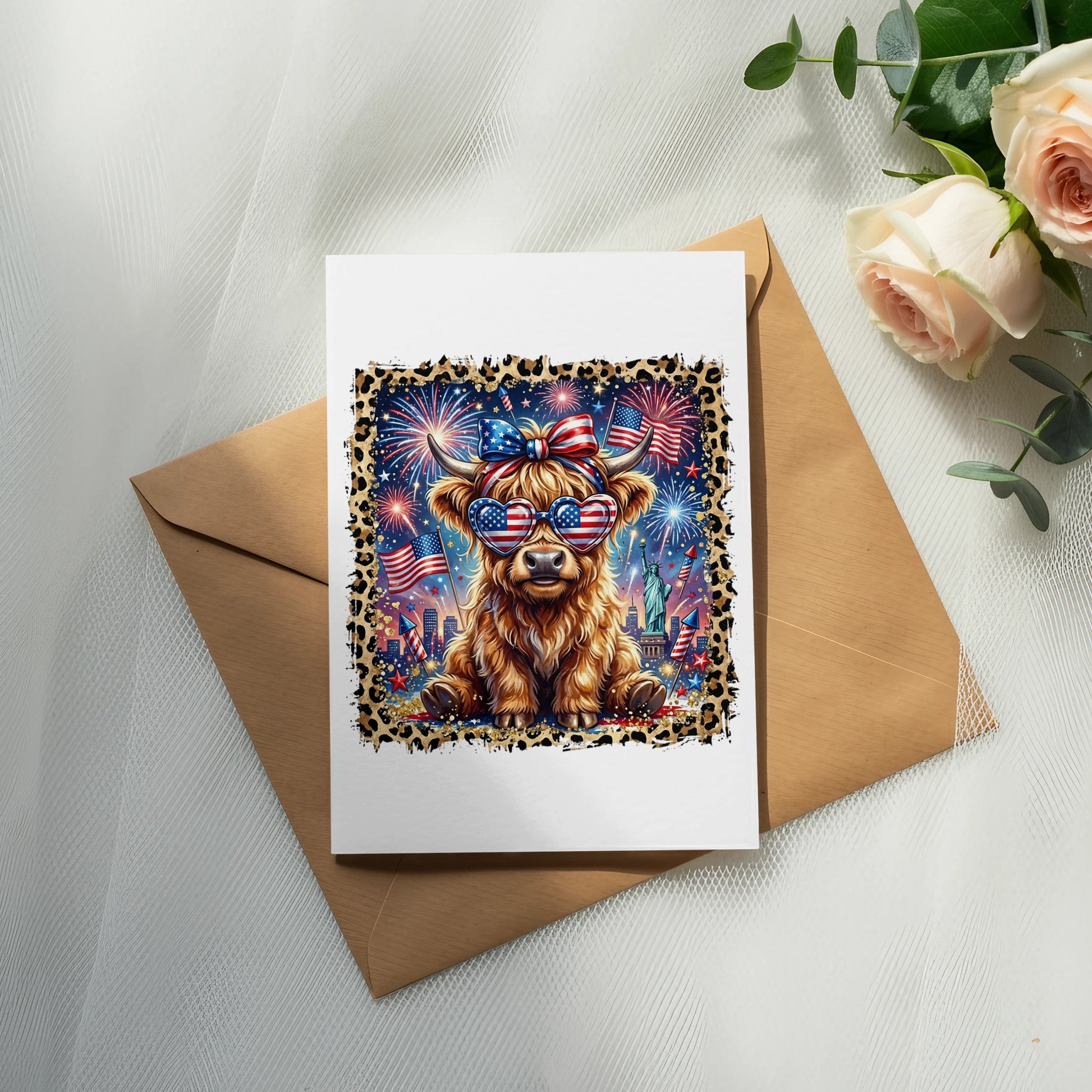 Card with patriotic Highland cow, fireworks, and Statue of Liberty illustration.
