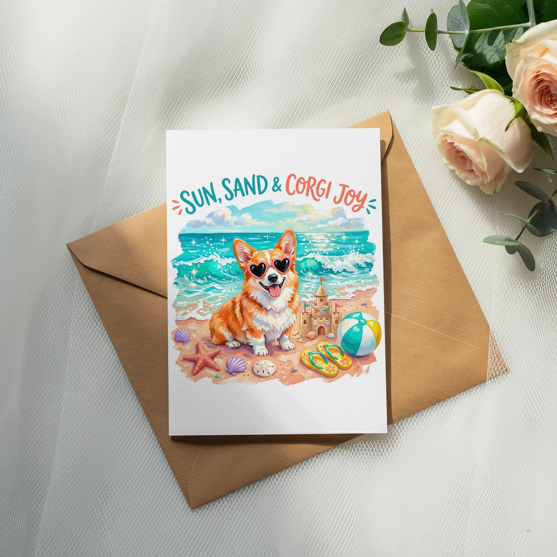 Corgi wearing heart sunglasses on a beach with text "Sun, Sand & Corgi Joy".