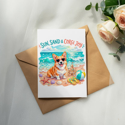 Corgi wearing heart sunglasses on a beach with text "Sun, Sand & Corgi Joy".