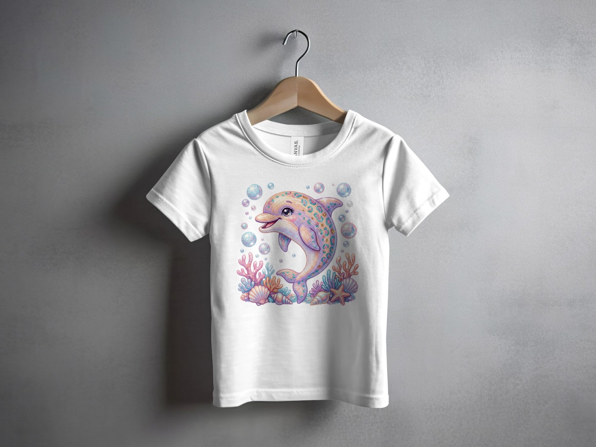 Cartoon dolphin surrounded by colorful coral, bubbles, and seashells.