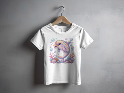 Cartoon dolphin surrounded by colorful coral, bubbles, and seashells.