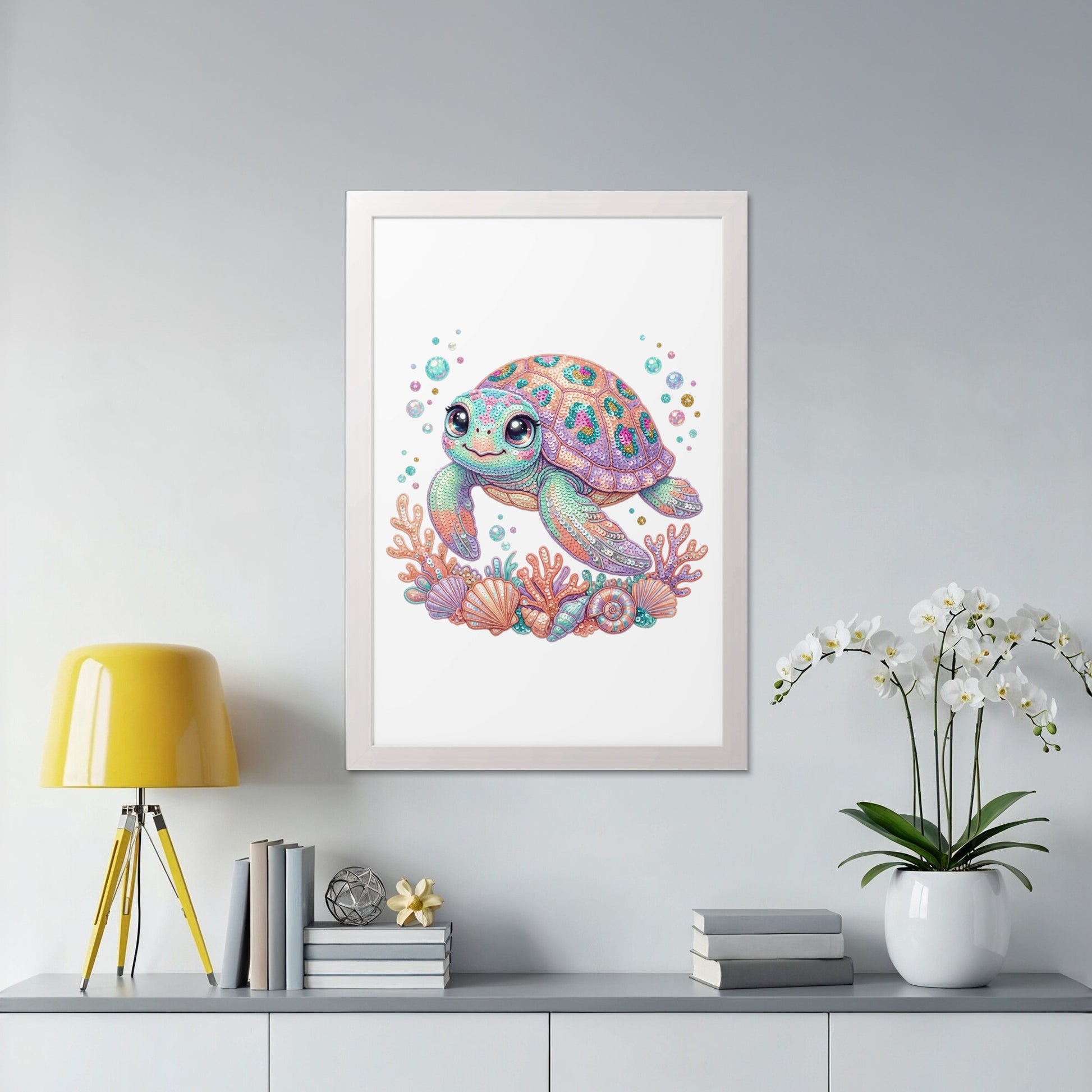 Whimsical sea turtle art print with coral and bubbles on a light gray wall.