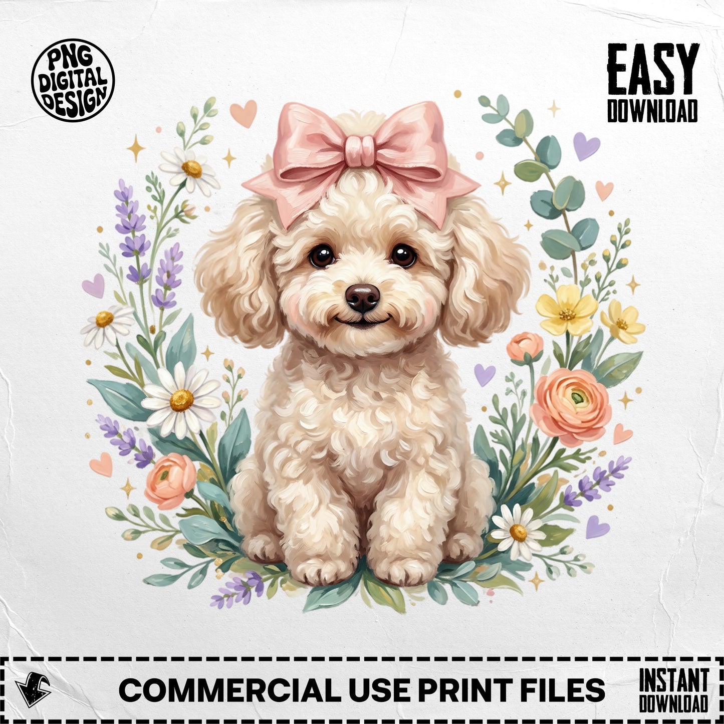 Fluffy white poodle with pink bow, surrounded by floral wreath.