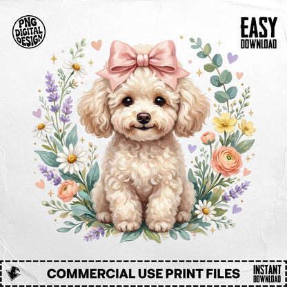 Fluffy white poodle with pink bow, surrounded by floral wreath.