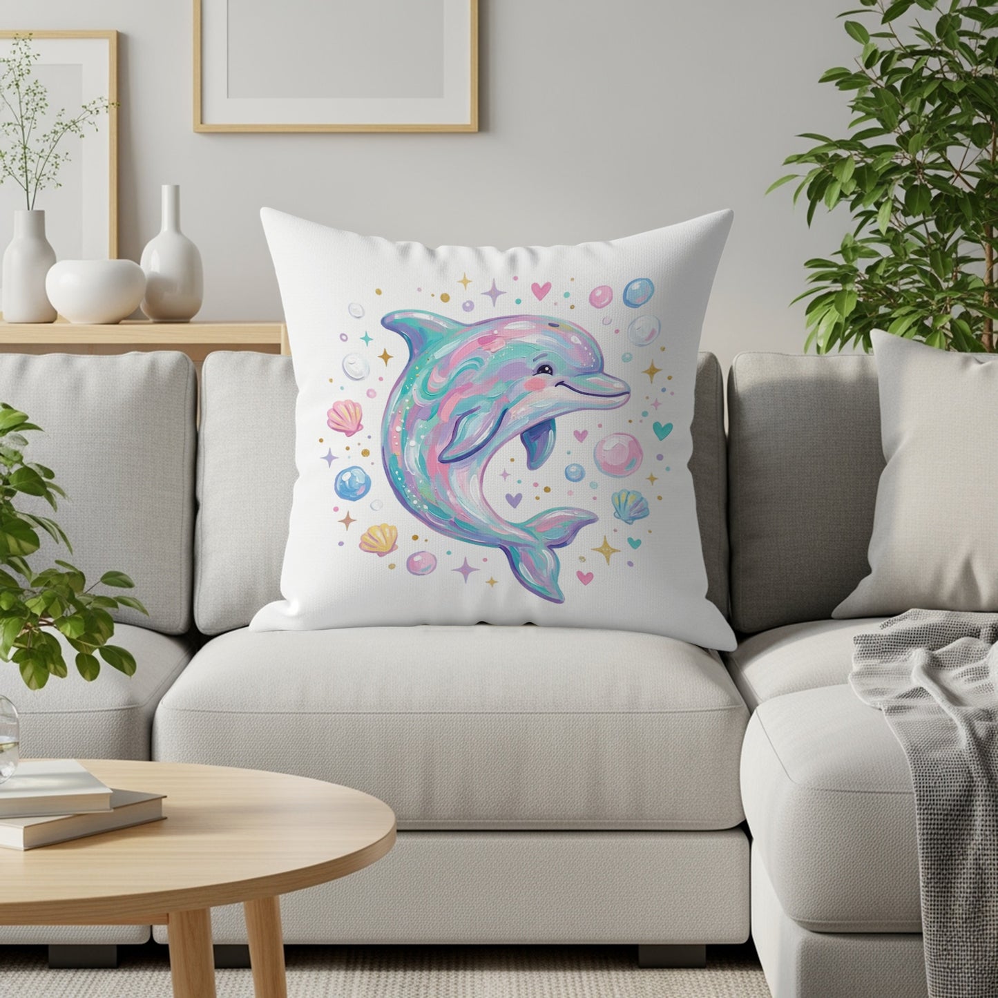 Whimsical dolphin with colorful bubbles and shells on a throw pillow.
