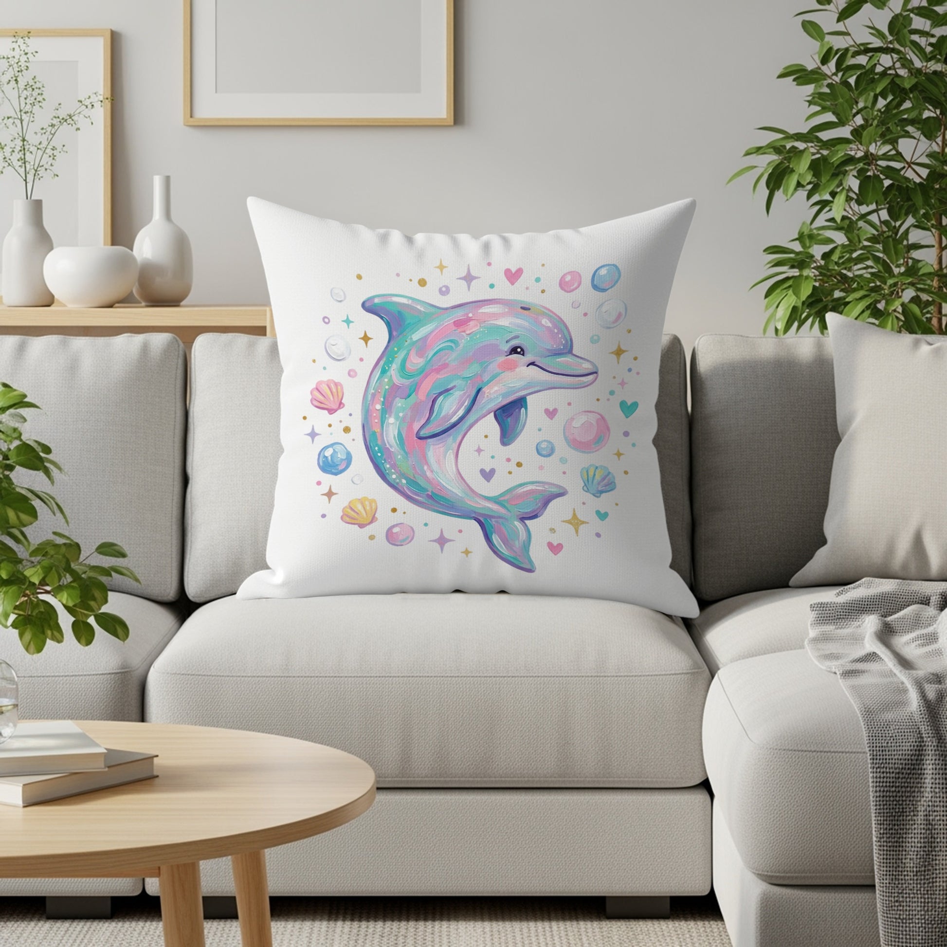 Whimsical dolphin with colorful bubbles and shells on a throw pillow.