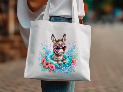 Donkey wearing sunglasses in a pool float surrounded by flowers.