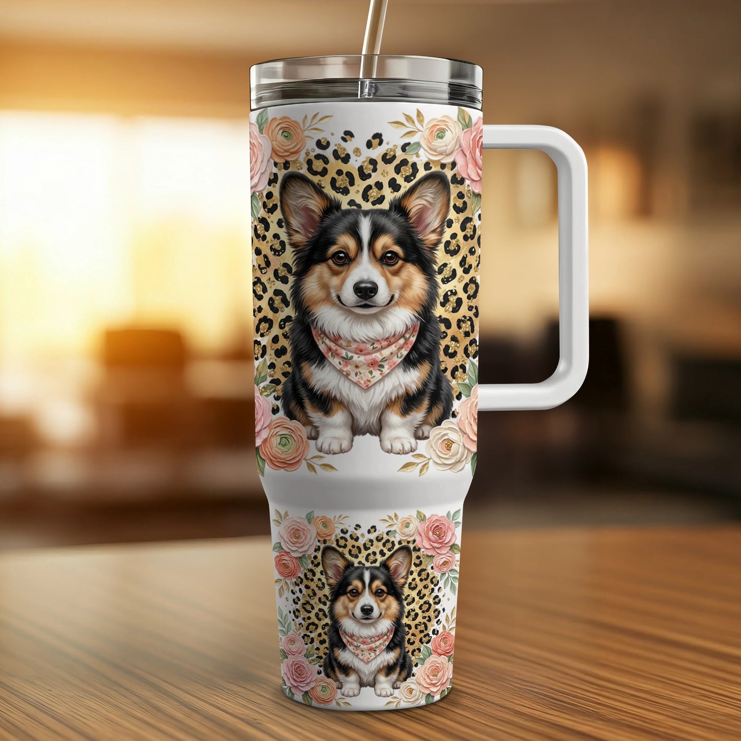 Corgi on leopard print tumbler with floral accents and handle.