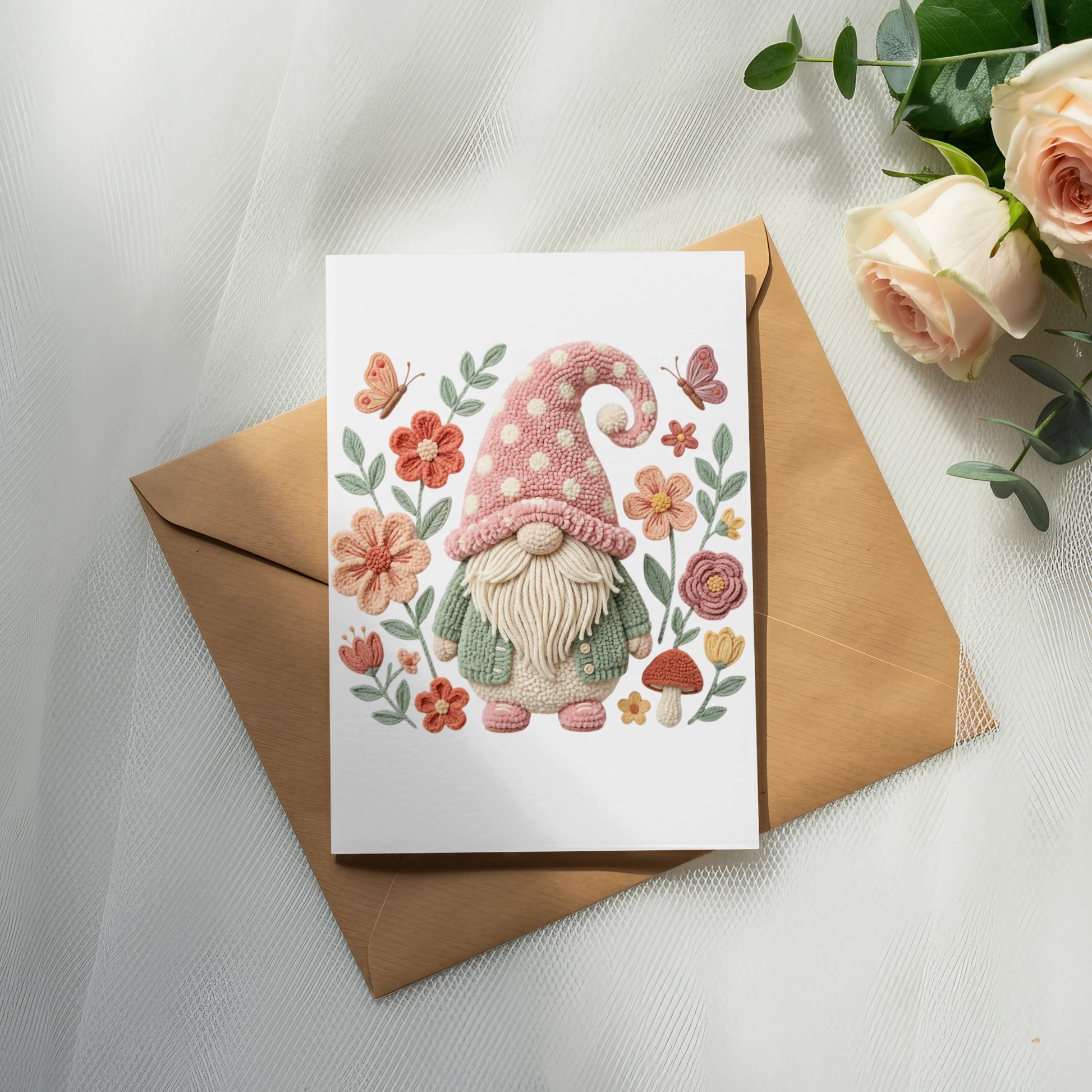 Card featuring a gnome illustration surrounded by flowers and butterflies.
