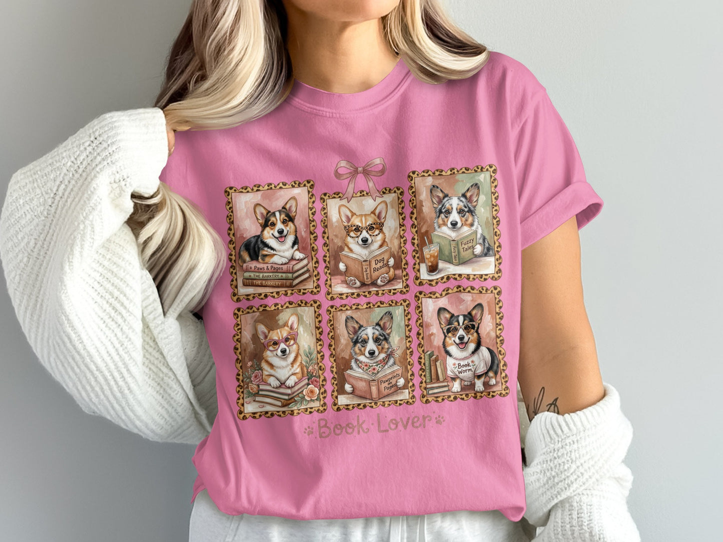 Six framed illustrations of corgis reading books, with "Book Lover" text.