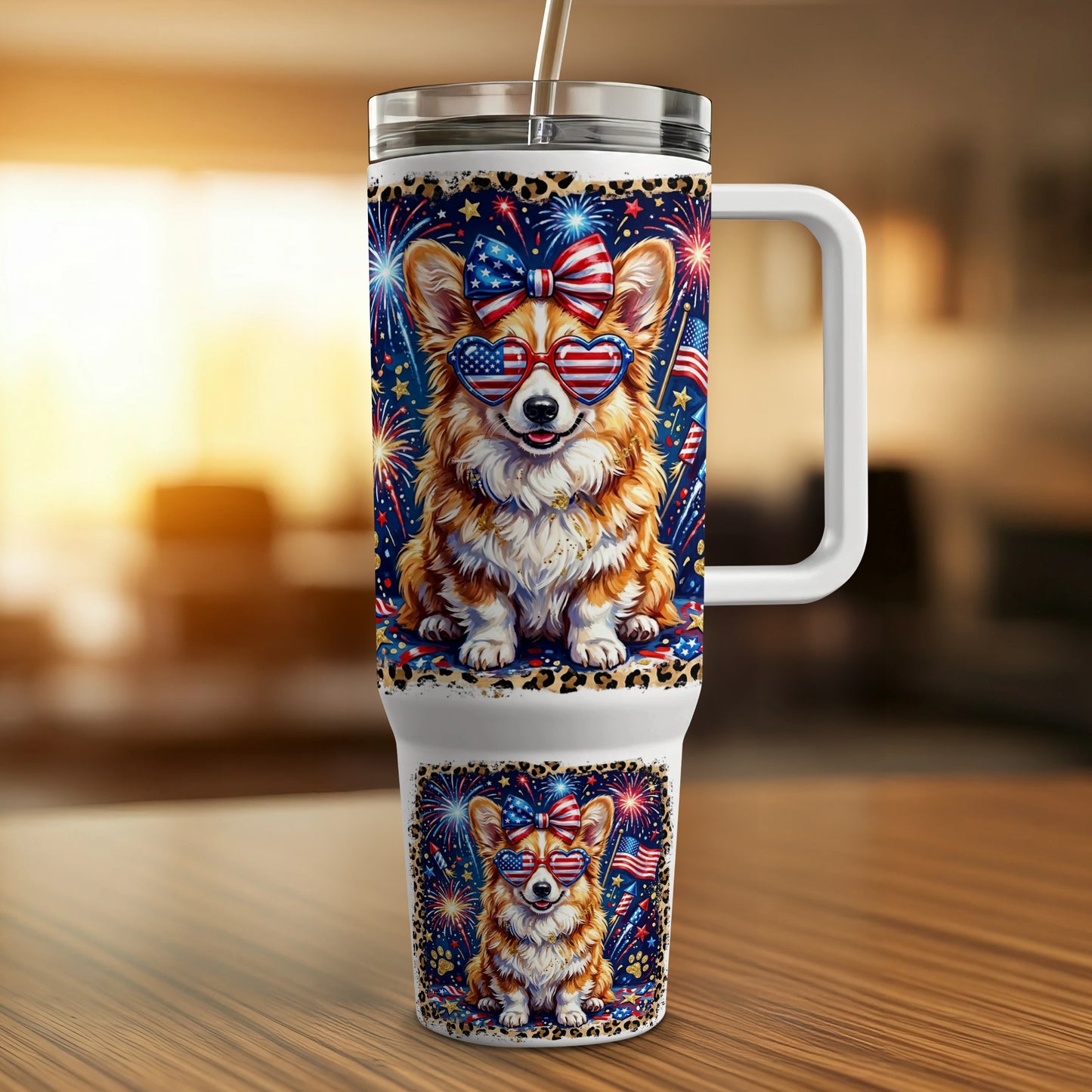 Corgi wearing patriotic sunglasses on a tumbler with fireworks background.