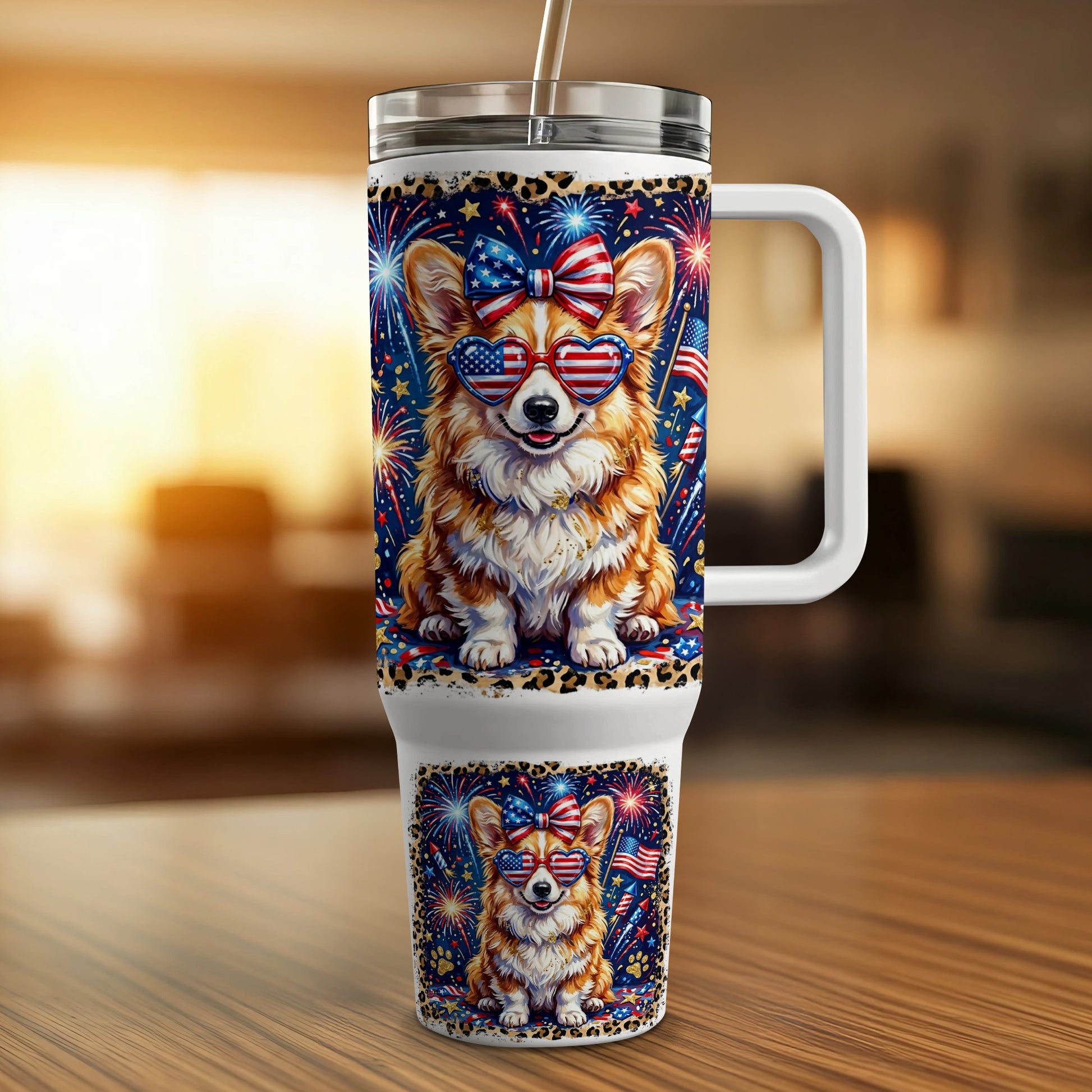 Corgi wearing patriotic sunglasses on a tumbler with fireworks background.