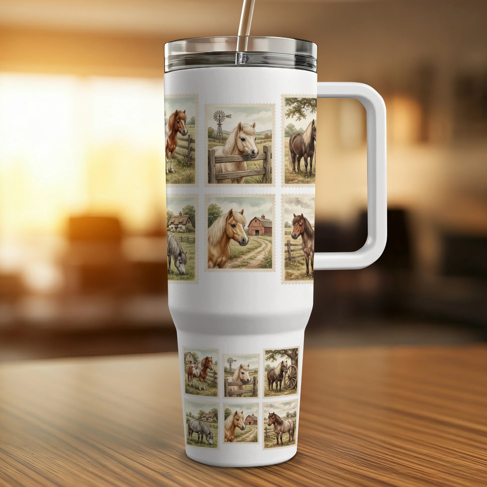 White tumbler with postage stamp-style images of horses and farms.