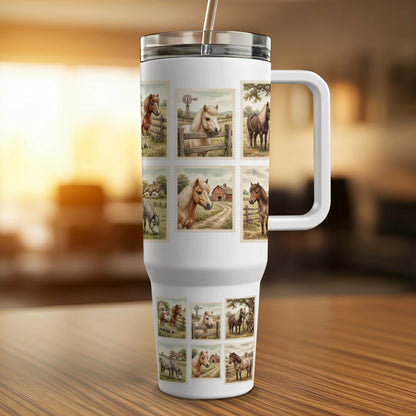 White tumbler with postage stamp-style images of horses and farms.