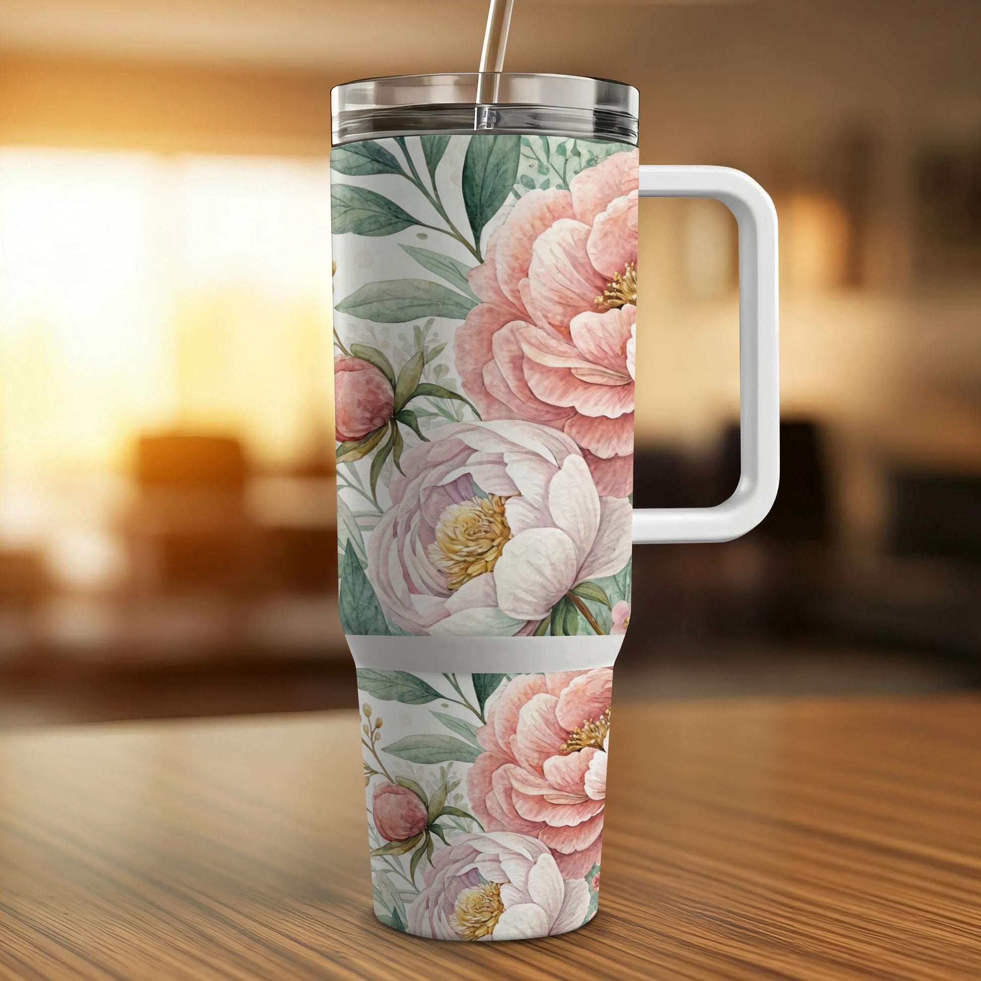 Tumbler with a watercolor floral pattern of pink peonies and green leaves.