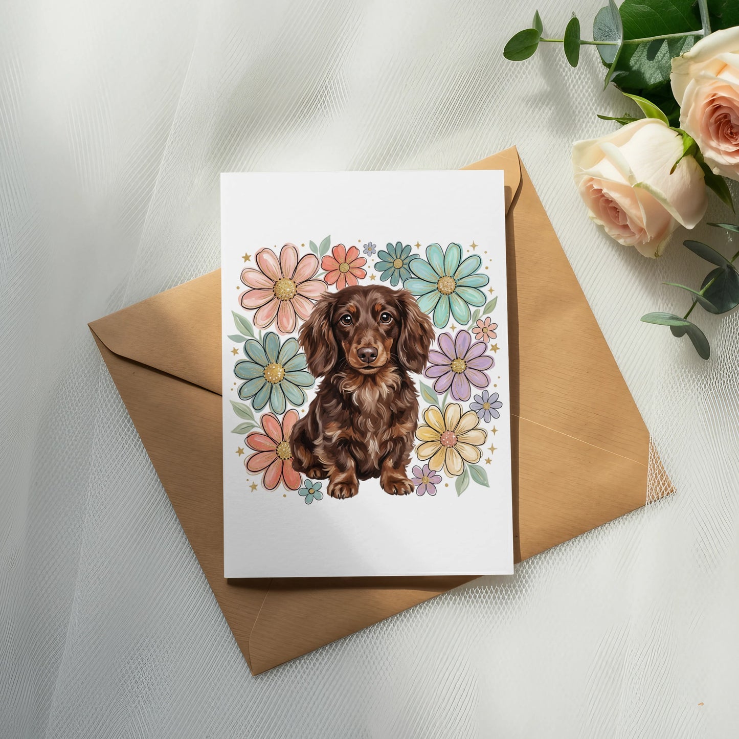 Brown dachshund puppy surrounded by colorful cartoon flowers on a greeting card.
