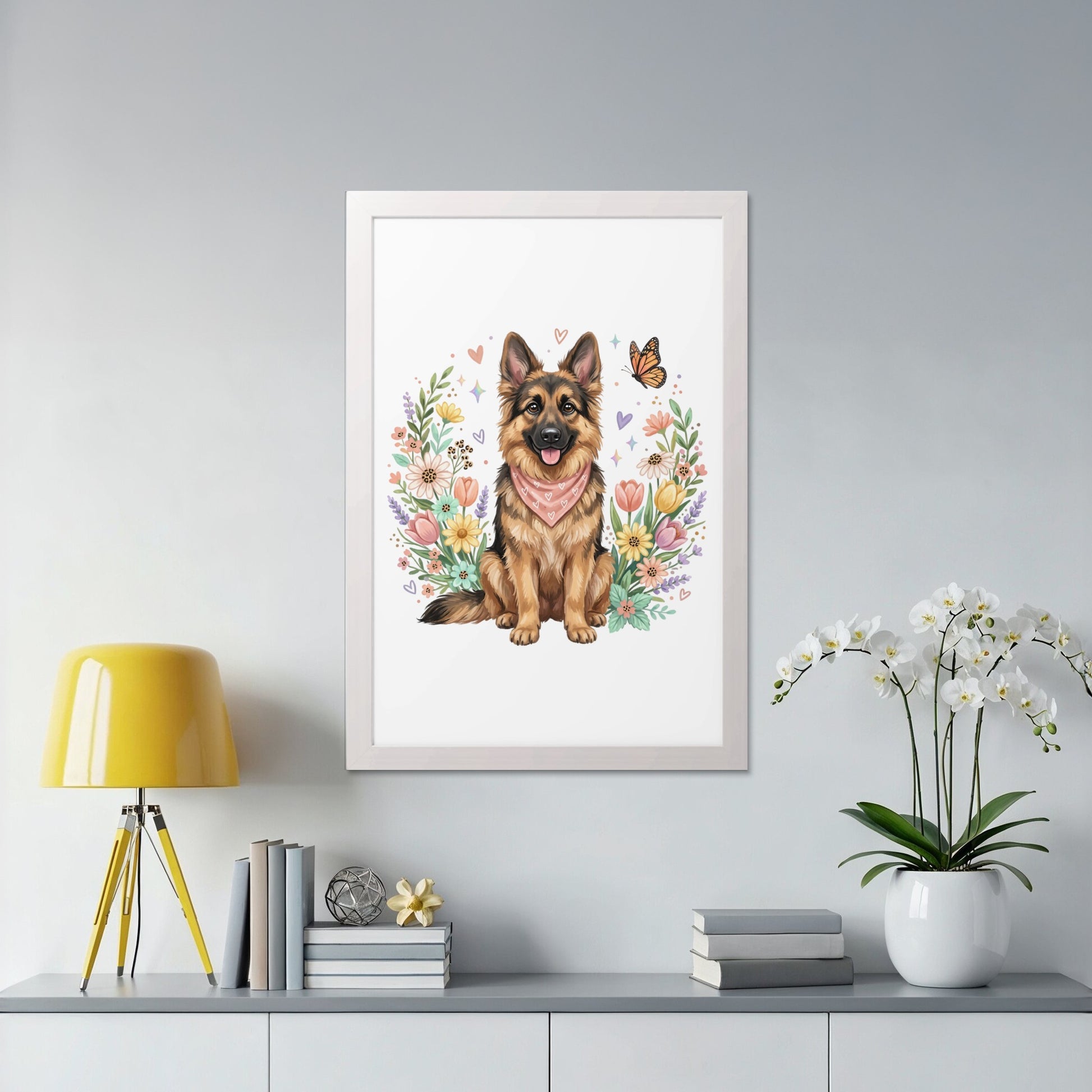 Framed watercolor of a German Shepherd wearing a bandana, surrounded by flowers.