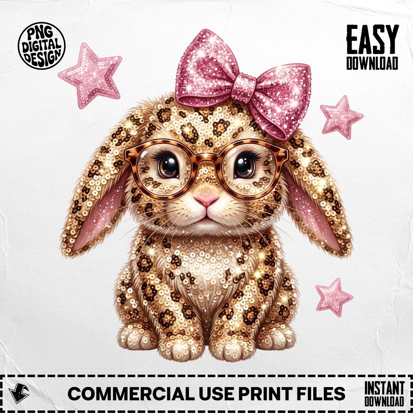 Sparkly sequined bunny with glasses and pink bow, stars.