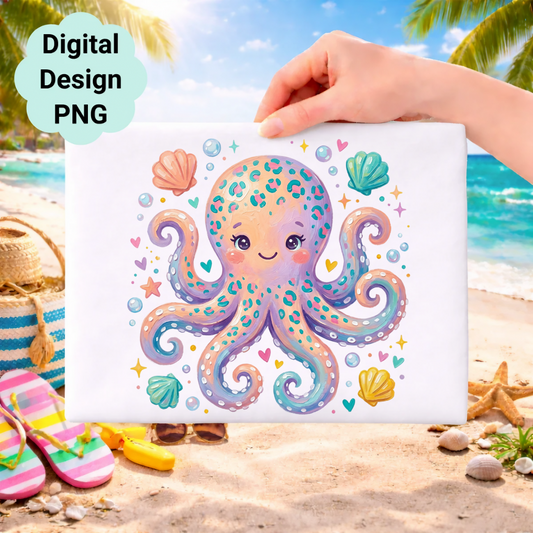 Cute cartoon octopus with colorful spots and swirls on a beach background.