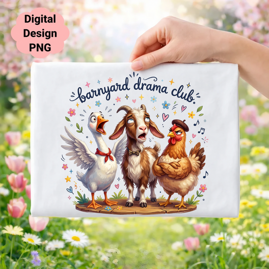 Barnyard drama club text above three cartoon farm animals: a goose, goat, and chicken.