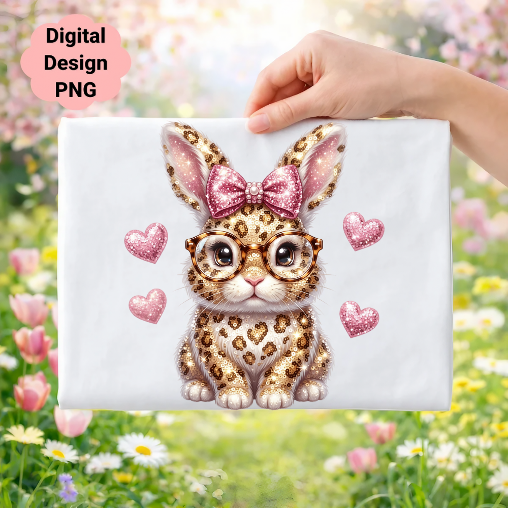 Leopard print bunny with pink bow, glasses, and hearts, "Digital Design PNG" text.