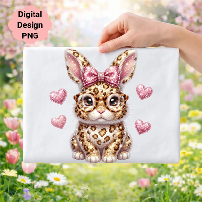 Leopard print bunny with pink bow, glasses, and hearts, "Digital Design PNG" text.