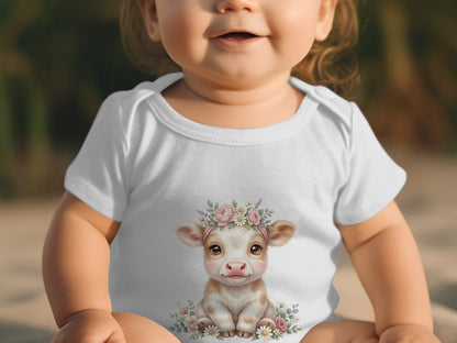 Baby in white onesie with a smiling cartoon cow and floral crown.