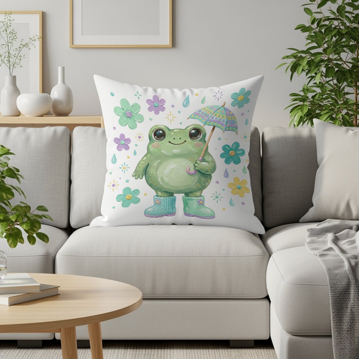 Frog in rain boots holding a colorful umbrella with flowers and raindrops.