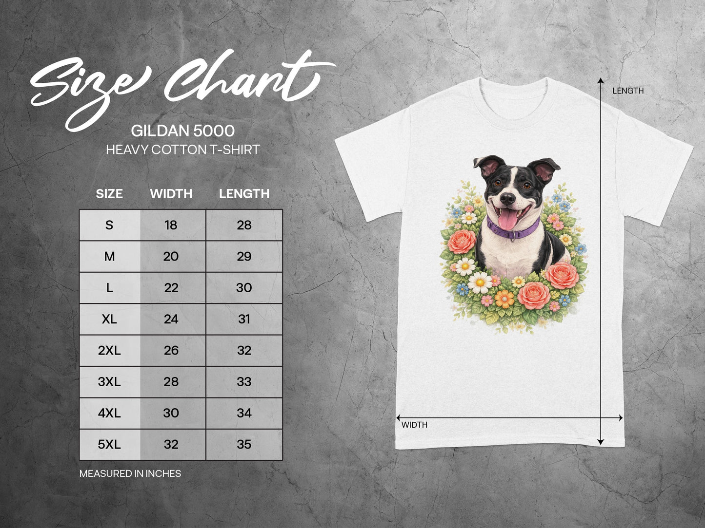 Gildan 5000 Heavy Cotton T-shirt size chart with dog graphic.
