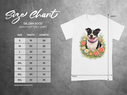 Gildan 5000 Heavy Cotton T-shirt size chart with dog graphic.