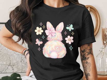 Black t-shirt with pastel bunny, heart, and butterfly graphic.