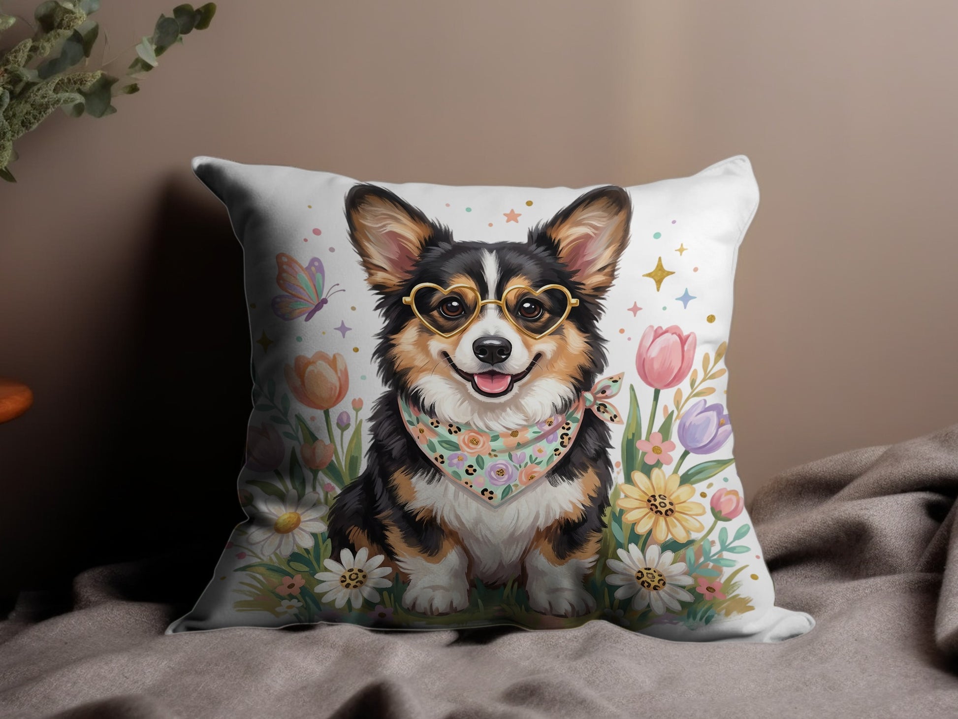 Corgi wearing heart sunglasses and bandana with flowers.