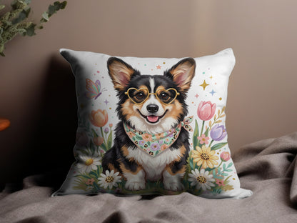 Corgi wearing heart sunglasses and bandana with flowers.