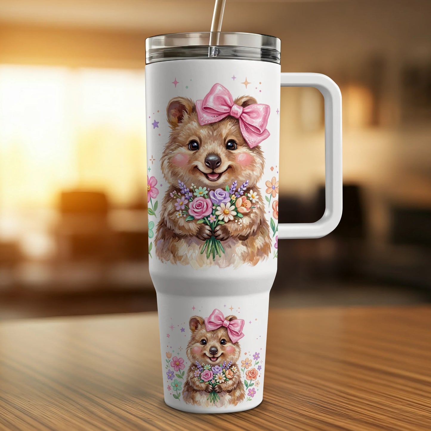Quokka with pink bow holding bouquet on white travel mug.