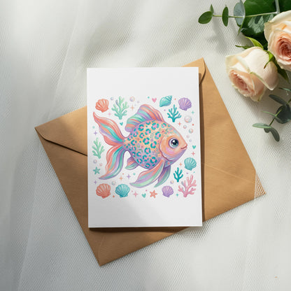Illustration of a colorful goldfish with seashells and coral on a greeting card.