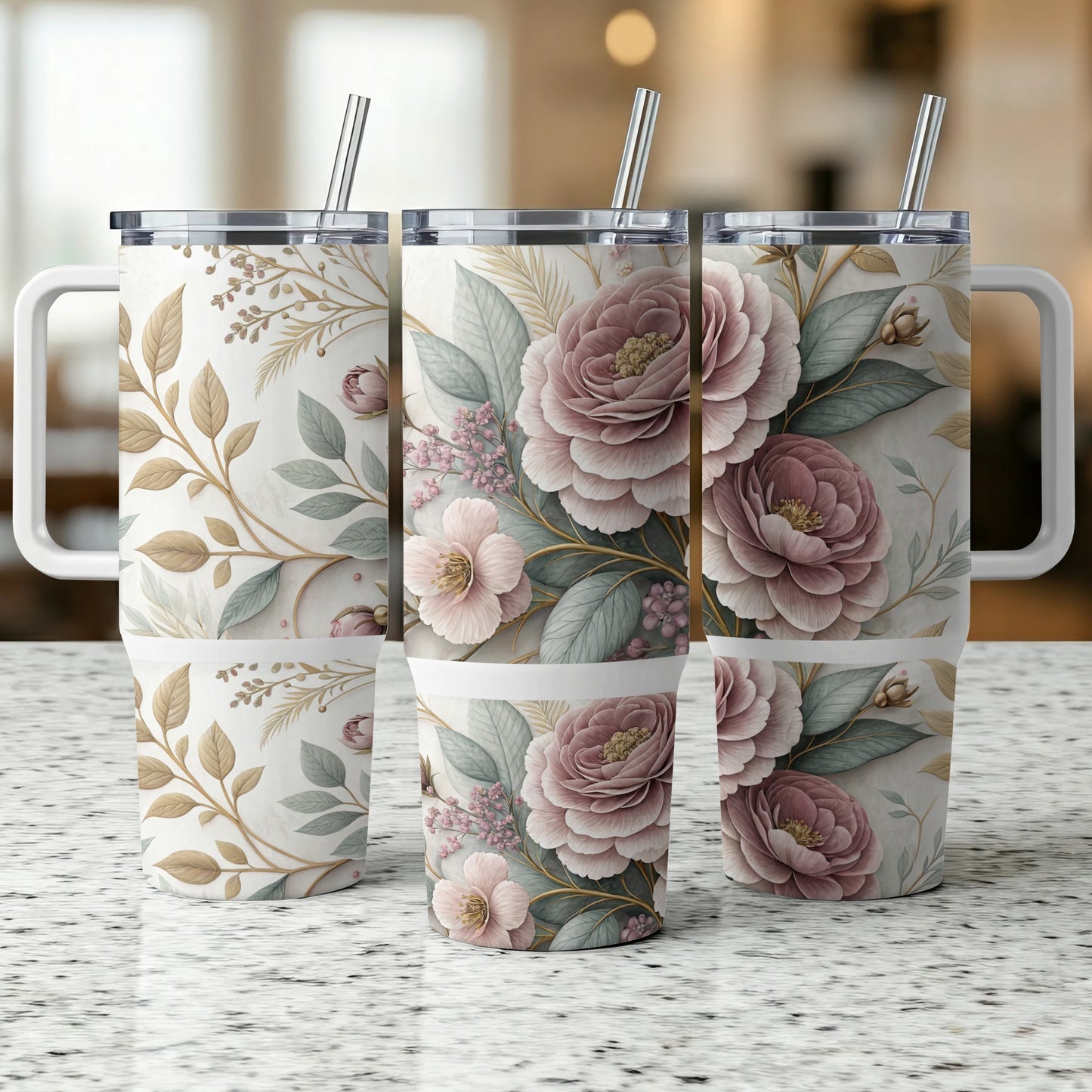 Three insulated tumblers with floral and vine patterns.