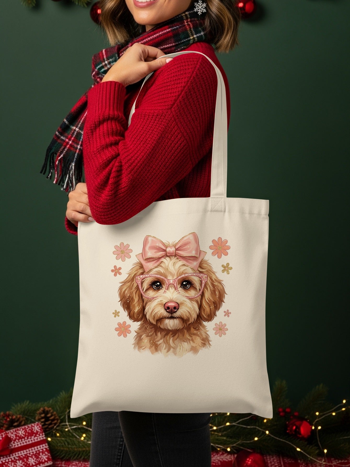 Cream tote bag with cartoon dog wearing pink bow and glasses, surrounded by flowers.